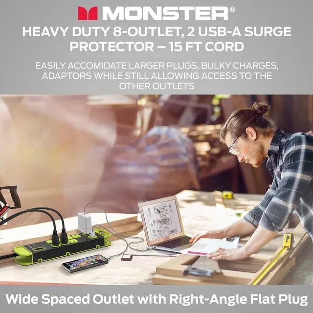 Alt view image 3 of 7 - Workshop Heavy-Duty Garage Power Strip Surge Protector - Mountable Heavy-Duty Wide-Spaced 8 Grounded AC & 2 USB-A Outlets with 14ft Angled Flat Plug - 1200 Joules - ETL Listed Black