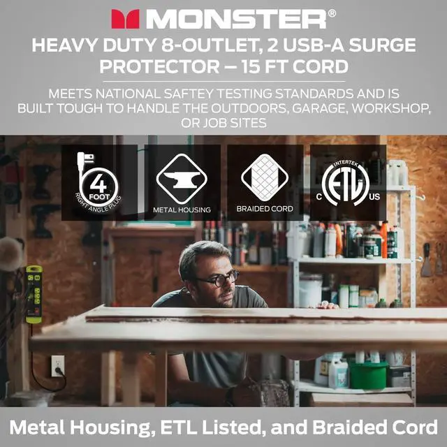 Alt view image 4 of 7 - Workshop Heavy-Duty Garage Power Strip Surge Protector - Mountable Heavy-Duty Wide-Spaced 8 Grounded AC & 2 USB-A Outlets with 14ft Angled Flat Plug - 1200 Joules - ETL Listed Black