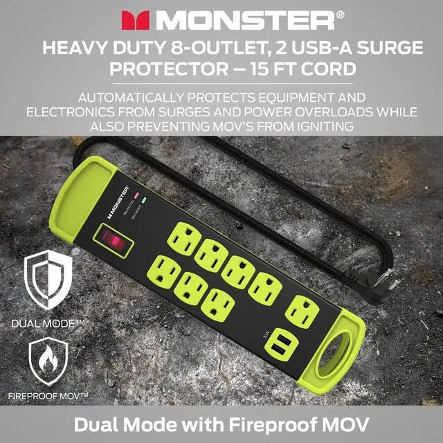 Alt view image 5 of 7 - Workshop Heavy-Duty Garage Power Strip Surge Protector - Mountable Heavy-Duty Wide-Spaced 8 Grounded AC & 2 USB-A Outlets with 14ft Angled Flat Plug - 1200 Joules - ETL Listed Black