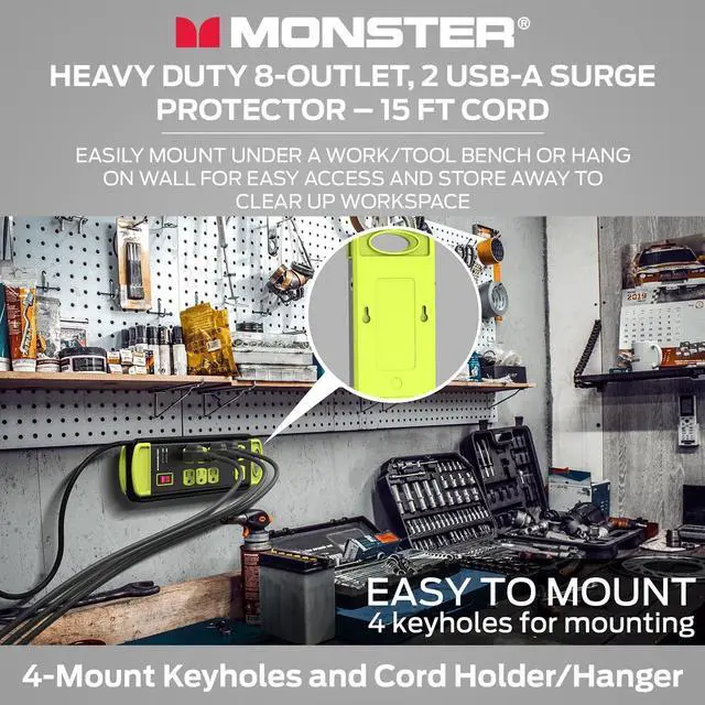 Alt view image 6 of 7 - Workshop Heavy-Duty Garage Power Strip Surge Protector - Mountable Heavy-Duty Wide-Spaced 8 Grounded AC & 2 USB-A Outlets with 14ft Angled Flat Plug - 1200 Joules - ETL Listed Black