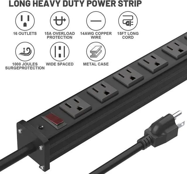 Alt view image 2 of 7 - QBA 16 Outlet Metal Power Strip, Long Power Strip with 10FT Extension Cord, Wall Mount Heavy Duty Power Strip for Home Office Garage Warkshop, ETL Certified, Black