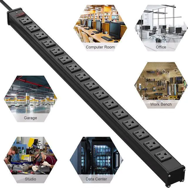 Alt view image 5 of 7 - QBA 16 Outlet Metal Power Strip, Long Power Strip with 10FT Extension Cord, Wall Mount Heavy Duty Power Strip for Home Office Garage Warkshop, ETL Certified, Black