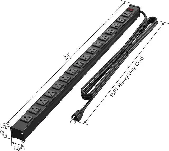 Alt view image 7 of 7 - QBA 16 Outlet Metal Power Strip, Long Power Strip with 10FT Extension Cord, Wall Mount Heavy Duty Power Strip for Home Office Garage Warkshop, ETL Certified, Black