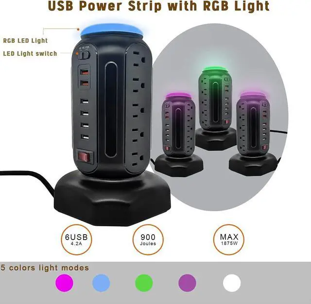 Alt view image 3 of 5 - Power Strip Tower with Colorful Night Light,15 Outlets 6 USB Ports, Surge Protector with USB Fast Charger & 6.5ft Extension Cord, Outlet Overload Protection for Home, Office(Black)