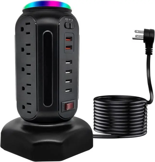 Main image of Power Strip Tower with Colorful Night Light,15 Outlets 6 USB Ports, Surge Protector with USB Fast Charger & 6.5ft Extension Cord, Outlet Overload Protection for Home, Office(Black)