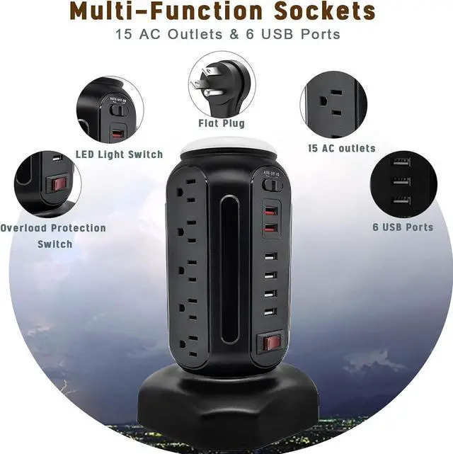 Alt view image 2 of 5 - Power Strip Tower with Colorful Night Light,15 Outlets 6 USB Ports, Surge Protector with USB Fast Charger & 6.5ft Extension Cord, Outlet Overload Protection for Home, Office(Black)