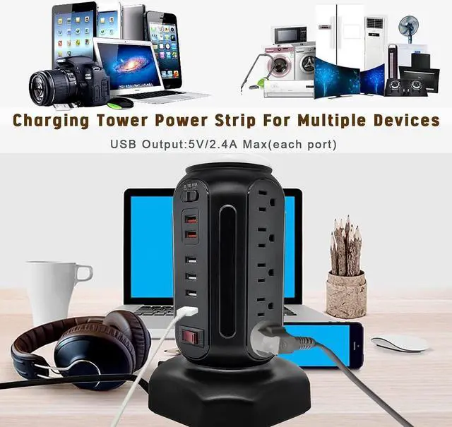 Alt view image 4 of 5 - Power Strip Tower with Colorful Night Light,15 Outlets 6 USB Ports, Surge Protector with USB Fast Charger & 6.5ft Extension Cord, Outlet Overload Protection for Home, Office(Black)