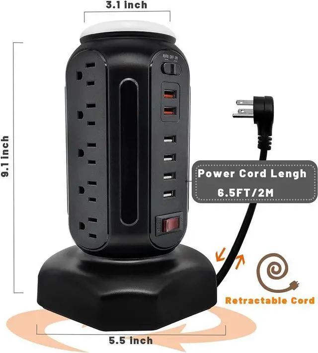 Alt view image 5 of 5 - Power Strip Tower with Colorful Night Light,15 Outlets 6 USB Ports, Surge Protector with USB Fast Charger & 6.5ft Extension Cord, Outlet Overload Protection for Home, Office(Black)