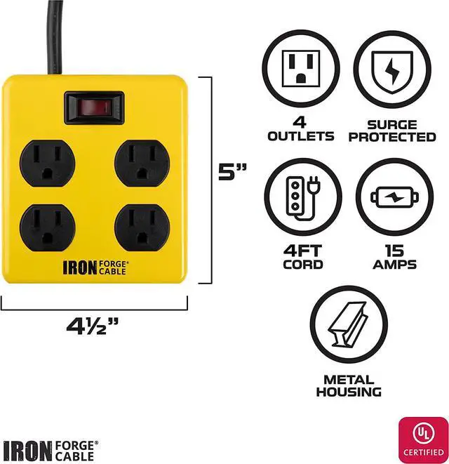 Alt view image 2 of 5 - IRON FORGE CABLE Heavy Duty 4 Outlets Surge Protector Power Strip with Built-in Circuit Breaker - 4 ft Extension Cord