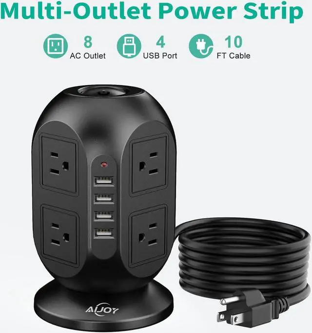 Alt view image 2 of 6 - Power Strip Tower with USB Ports, AiJoy Charging Tower with 8 AC Outlets and 4 USB Ports, Surge Protector, 10 FT Long Extension Cord with Multiple Outlets for Office Supplies, Dorm Essentials
