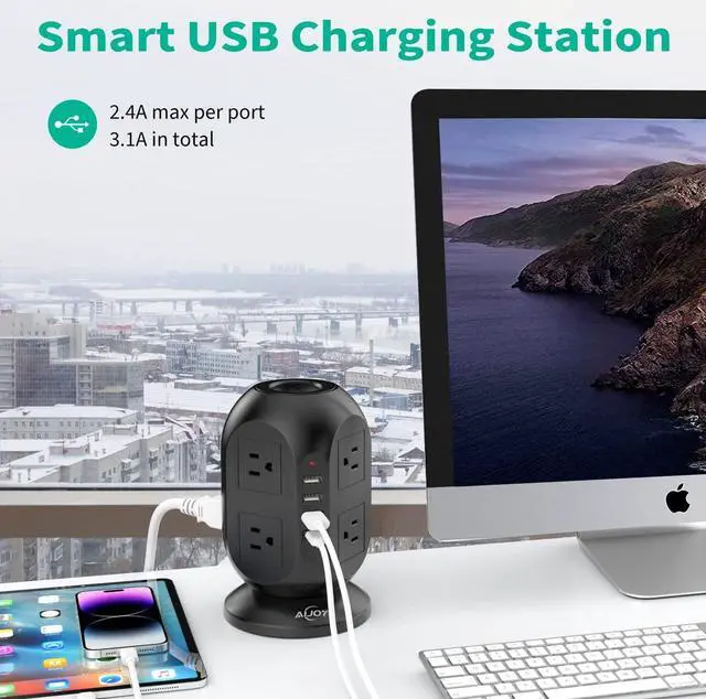 Alt view image 3 of 6 - Power Strip Tower with USB Ports, AiJoy Charging Tower with 8 AC Outlets and 4 USB Ports, Surge Protector, 10 FT Long Extension Cord with Multiple Outlets for Office Supplies, Dorm Essentials