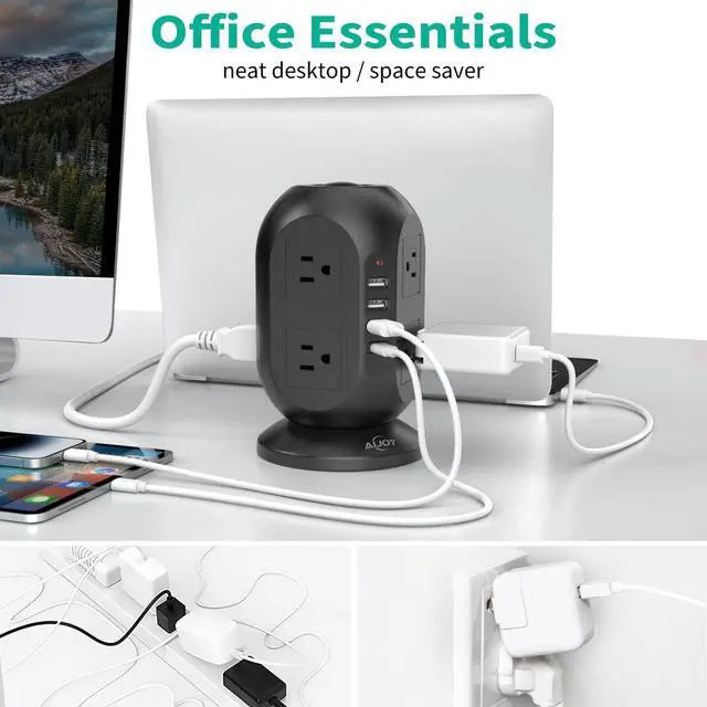 Alt view image 5 of 6 - Power Strip Tower with USB Ports, AiJoy Charging Tower with 8 AC Outlets and 4 USB Ports, Surge Protector, 10 FT Long Extension Cord with Multiple Outlets for Office Supplies, Dorm Essentials