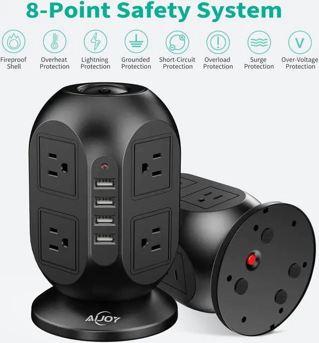 Alt view image 6 of 6 - Power Strip Tower with USB Ports, AiJoy Charging Tower with 8 AC Outlets and 4 USB Ports, Surge Protector, 10 FT Long Extension Cord with Multiple Outlets for Office Supplies, Dorm Essentials