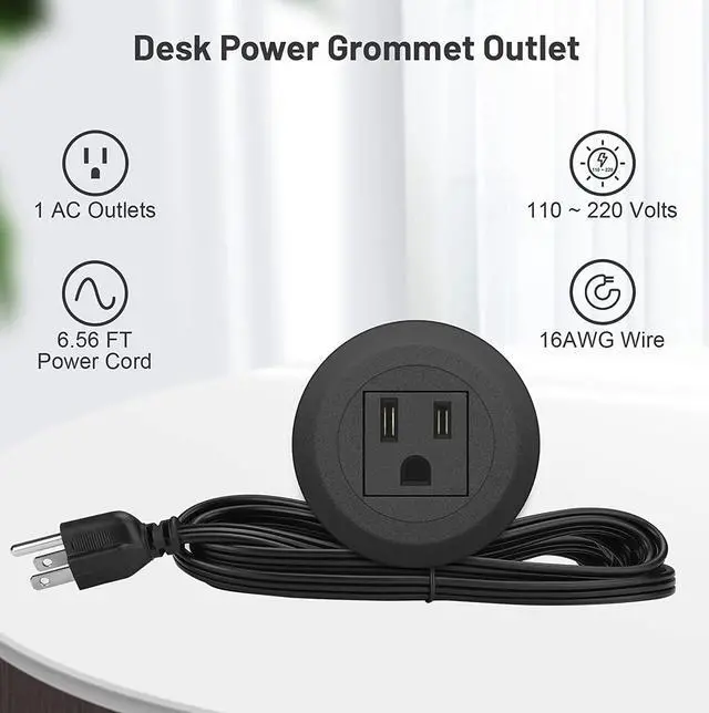 Alt view image 2 of 7 - Mini Desktop Power Hub Grommet Socket, Flush-Mount Desk Outlet Build-in 1 US Standard Outlet with 6.56 FT Extension Power Cord, Recessed Power Strip Socket for Desk Nightstand Cabinet Counter