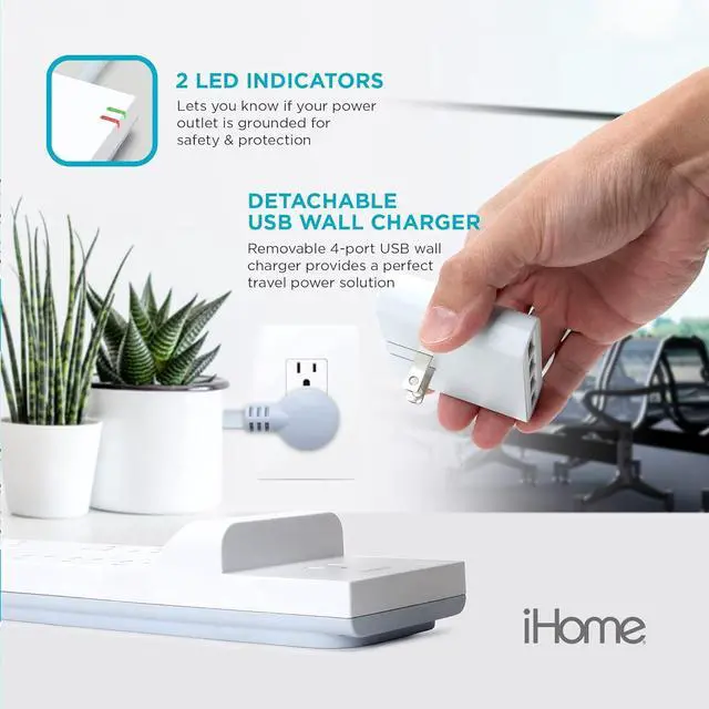 Alt view image 4 of 7 - iHome Power Rover Power Strip & Slim USB Wall Charger Bundle: Detachable Multiport USB Charger & 6 ft Extension Cord Multi Plug Outlet Extender, 9 AC Outlet Power Strip Surge Protector