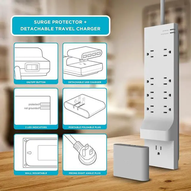 Alt view image 7 of 7 - iHome Power Rover Power Strip & Slim USB Wall Charger Bundle: Detachable Multiport USB Charger & 6 ft Extension Cord Multi Plug Outlet Extender, 9 AC Outlet Power Strip Surge Protector