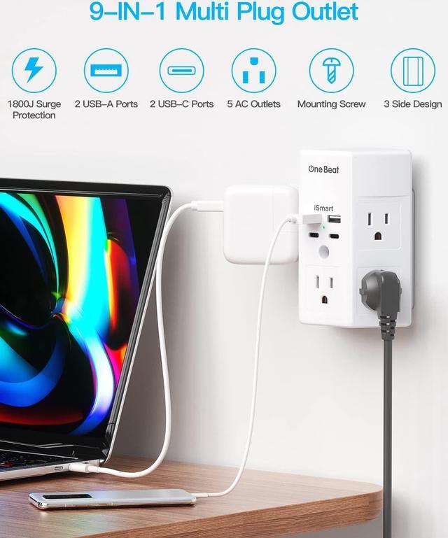 USB Wall Charger Surge Protector 5 Outlet Extender with 4 USB Charging  Ports (1 USB C Outlet) 3 Sided 1800J Power Strip Multi Plug Outlets Wall
