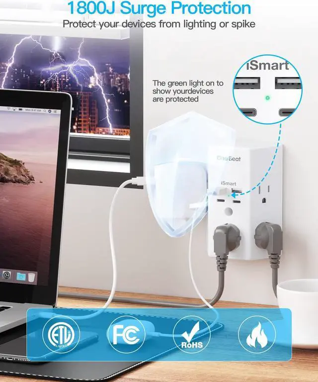 Alt view image 5 of 7 - Multi Plug Outlet, Surge Protector, 5 Outlet Extender with 4 USB Charging Ports (2 USB C), USB C Wall Charger, 3-Sided 1800J Power Strip Outlets Splitter Wall Plug Adapter Spaced for Dorm Home Office