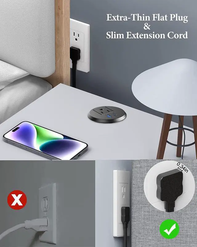 Alt view image 2 of 7 - 2 inch Desktop Power Grommet with PD 20W USB C,Ultra Thin Flat Plug Power Strip,Recessed Outlet,Slim Outlet Extender for Office,Table Outlets for Home, Office,6 ft Cable(Black)