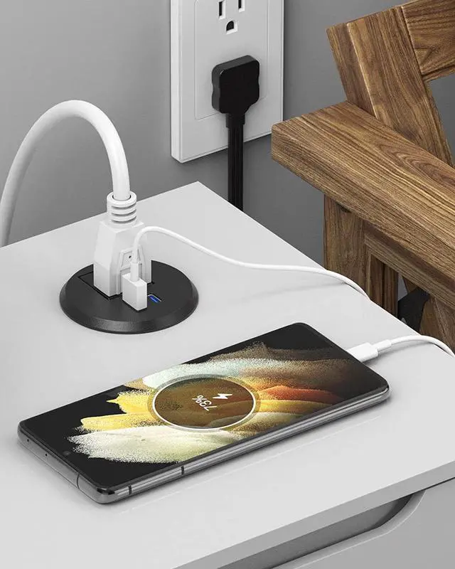 Alt view image 5 of 7 - 2 inch Desktop Power Grommet with PD 20W USB C,Ultra Thin Flat Plug Power Strip,Recessed Outlet,Slim Outlet Extender for Office,Table Outlets for Home, Office,6 ft Cable(Black)