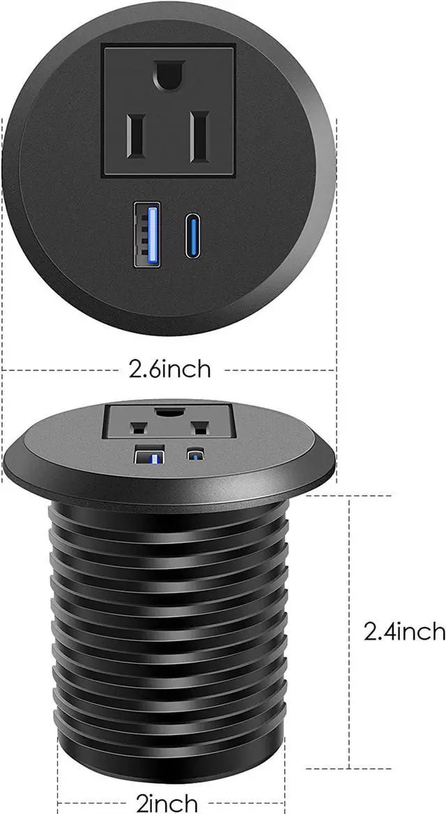 Alt view image 6 of 7 - 2 inch Desktop Power Grommet with PD 20W USB C,Ultra Thin Flat Plug Power Strip,Recessed Outlet,Slim Outlet Extender for Office,Table Outlets for Home, Office,6 ft Cable(Black)