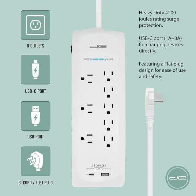 Alt view image 2 of 7 - Digital Energy 25 FT USB-C and USB-A 8 Outlet 4200 Joules Surge Protector Power Strip, 3 Wide Spaced Outlets, White