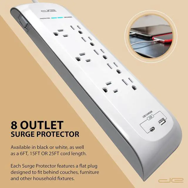 Alt view image 3 of 7 - Digital Energy 25 FT USB-C and USB-A 8 Outlet 4200 Joules Surge Protector Power Strip, 3 Wide Spaced Outlets, White