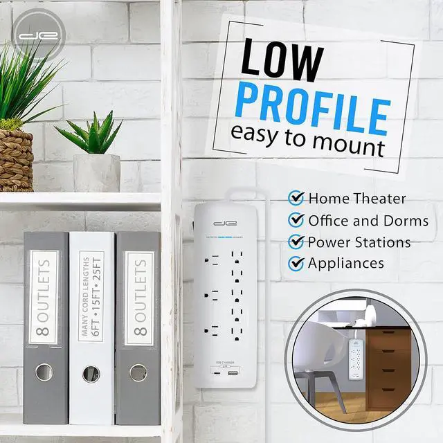 Alt view image 4 of 7 - Digital Energy 25 FT USB-C and USB-A 8 Outlet 4200 Joules Surge Protector Power Strip, 3 Wide Spaced Outlets, White