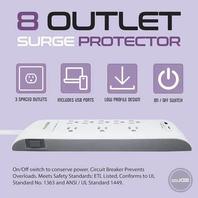Alt view image 5 of 7 - Digital Energy 25 FT USB-C and USB-A 8 Outlet 4200 Joules Surge Protector Power Strip, 3 Wide Spaced Outlets, White