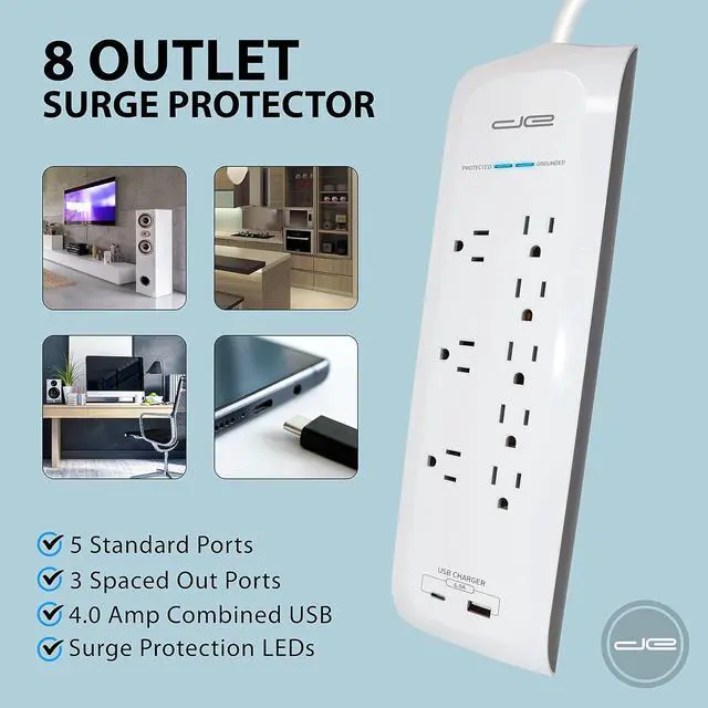 Alt view image 7 of 7 - Digital Energy 25 FT USB-C and USB-A 8 Outlet 4200 Joules Surge Protector Power Strip, 3 Wide Spaced Outlets, White