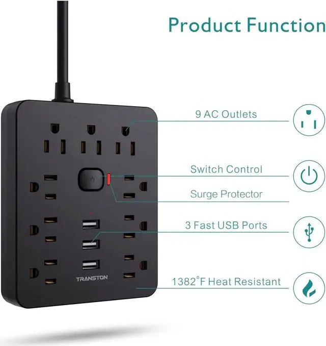 Alt view image 2 of 7 - Power Strip Surge Protector with 9 Outlet 3 USB Ports, Fireproof Desktop Charging Station with Flat Plug Wall Mount 5 ft Long Extension Cords for Home and Office, Black