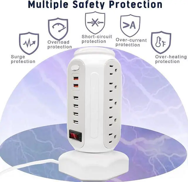 Alt view image 2 of 7 - Power Strip Tower 15 Outlets 6 USB Ports, Surge Protector with Colorful led Light & USB Fast Charger,Desktop Charging Station with 6.5ft Heavy Duty Extension Cord for Home Office(White)
