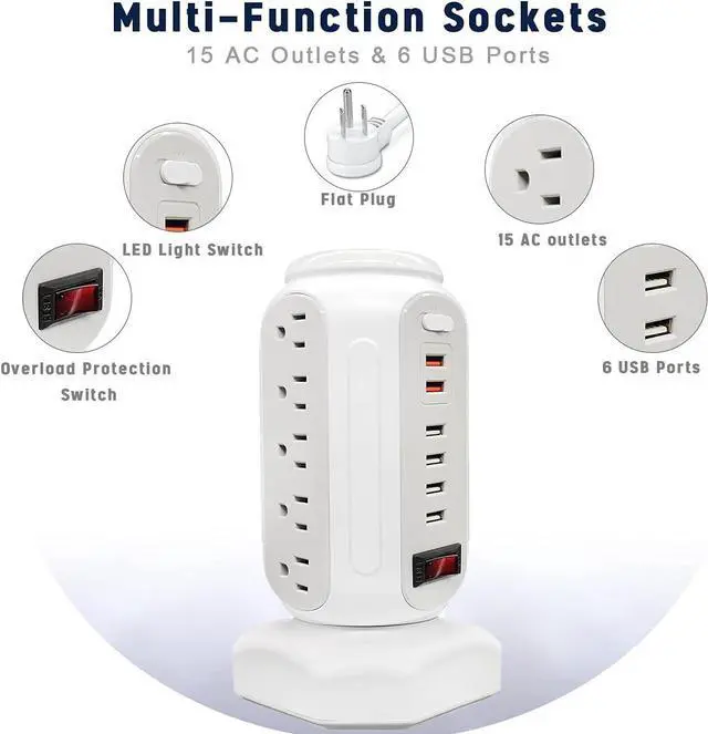 Alt view image 3 of 7 - Power Strip Tower 15 Outlets 6 USB Ports, Surge Protector with Colorful led Light & USB Fast Charger,Desktop Charging Station with 6.5ft Heavy Duty Extension Cord for Home Office(White)