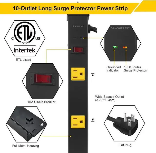 Alt view image 2 of 7 - 2-Pack 10 Outlet Long Power Strip Surge Protector, Industrial Heavy Duty Metal Shop Power Strip Flat Plug, 1000 Joules, 15 A Breaker, 6FT Cord, Wall Mountable, for Work Bench, Shop, Garage