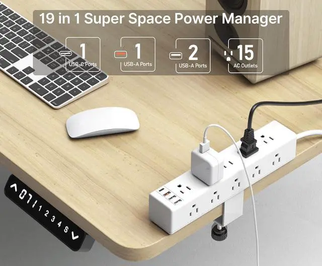 Alt view image 2 of 7 - Standing Desk Clamp Power Strip with 15 Outlets, Black Desktop Edge Mount Surge Protector Outlet, Fast Charging USB-A and 45W USB-C Ports, Black Fit 1.6 inch Table top. White-20W 6FT By DT