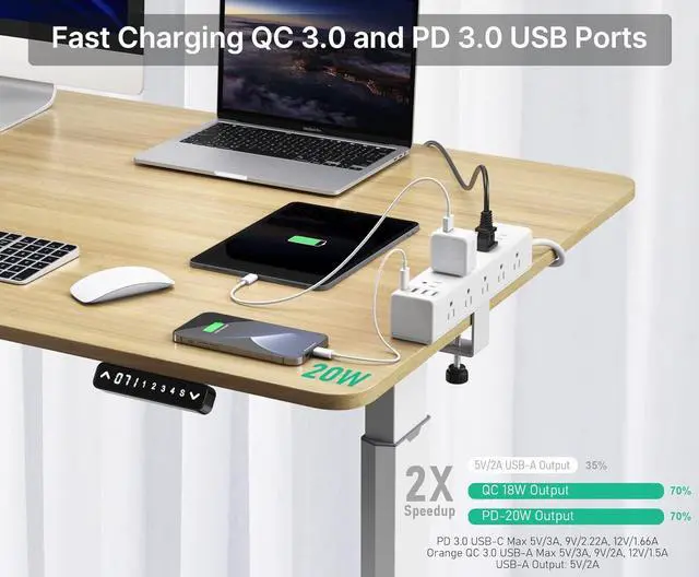 Alt view image 3 of 7 - Standing Desk Clamp Power Strip with 15 Outlets, Black Desktop Edge Mount Surge Protector Outlet, Fast Charging USB-A and 45W USB-C Ports, Black Fit 1.6 inch Table top. White-20W 6FT By DT