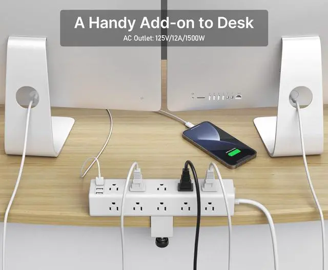 Alt view image 4 of 7 - Standing Desk Clamp Power Strip with 15 Outlets, Black Desktop Edge Mount Surge Protector Outlet, Fast Charging USB-A and 45W USB-C Ports, Black Fit 1.6 inch Table top. White-20W 6FT By DT