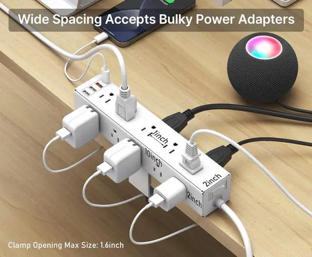 Alt view image 6 of 7 - Standing Desk Clamp Power Strip with 15 Outlets, Black Desktop Edge Mount Surge Protector Outlet, Fast Charging USB-A and 45W USB-C Ports, Black Fit 1.6 inch Table top. White-20W 6FT By DT