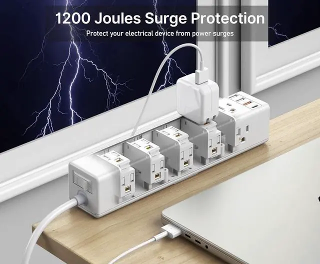 Alt view image 7 of 7 - Standing Desk Clamp Power Strip with 15 Outlets, Black Desktop Edge Mount Surge Protector Outlet, Fast Charging USB-A and 45W USB-C Ports, Black Fit 1.6 inch Table top. White-20W 6FT By DT