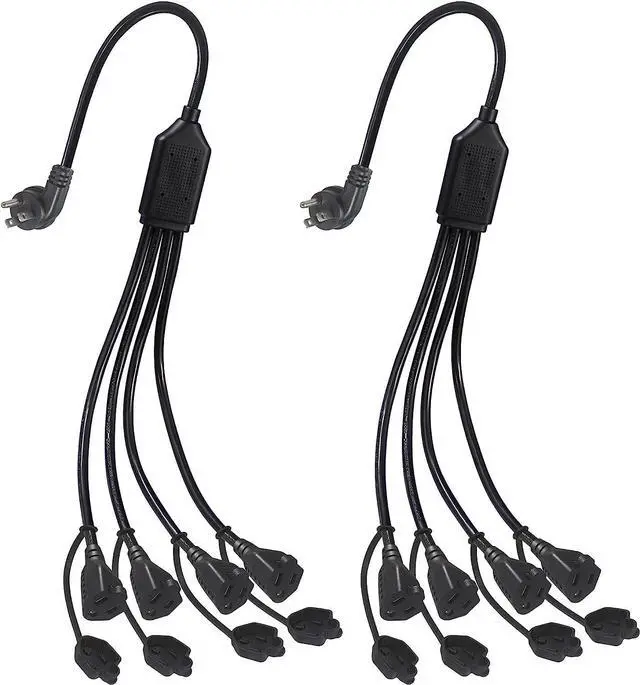 Main image of KUNCAN 4 Way Power Splitter - 45 Degrees Lower Right Corner Downward Angled US Flat Plug 1 to 4 Extended Outlets Male to Female SVT 16AWG Extension Cable Strip for Home, Office, School (Black 2-Pack)