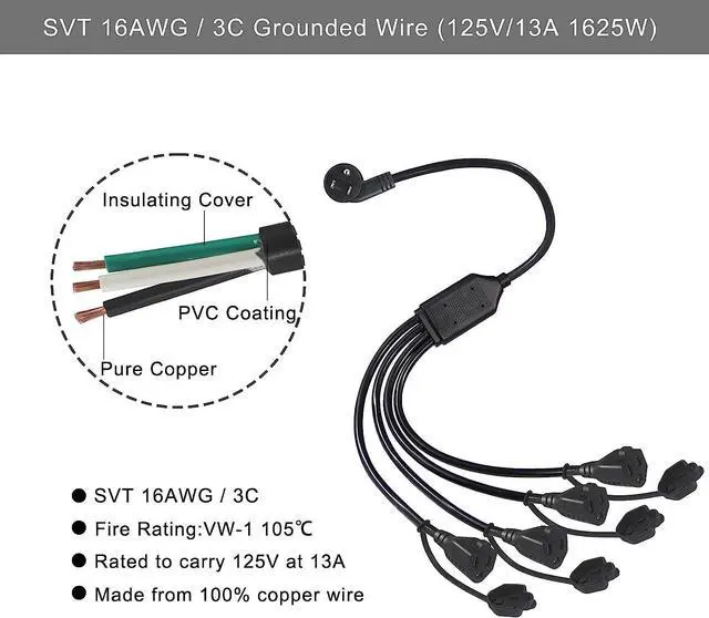 Alt view image 2 of 7 - KUNCAN 4 Way Power Splitter - 45 Degrees Lower Right Corner Downward Angled US Flat Plug 1 to 4 Extended Outlets Male to Female SVT 16AWG Extension Cable Strip for Home, Office, School (Black 2-Pack)