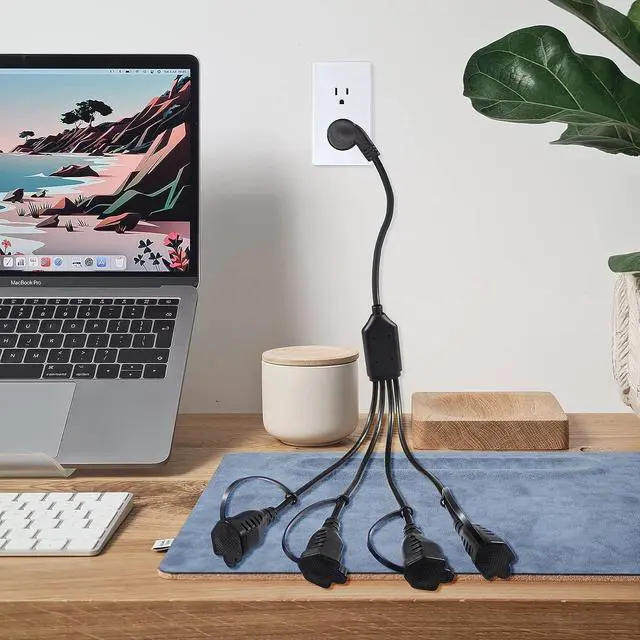 Alt view image 6 of 7 - KUNCAN 4 Way Power Splitter - 45 Degrees Lower Right Corner Downward Angled US Flat Plug 1 to 4 Extended Outlets Male to Female SVT 16AWG Extension Cable Strip for Home, Office, School (Black 2-Pack)