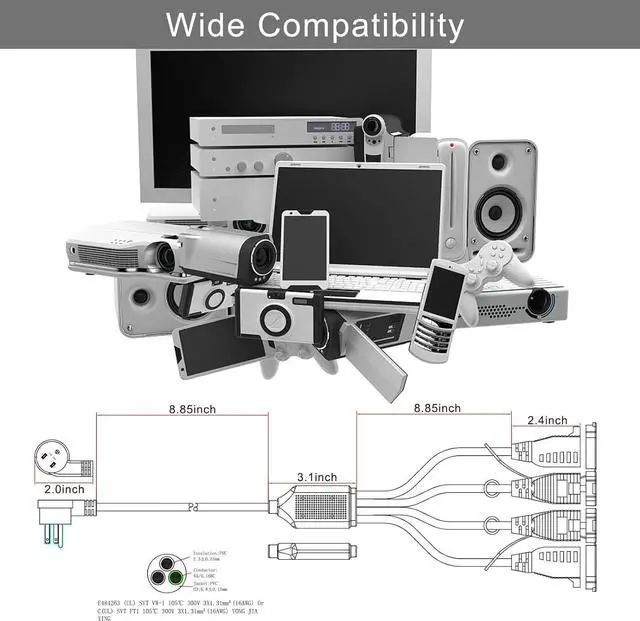 Alt view image 2 of 7 - KUNCAN 4 Way Power Splitter - 45 Degrees Lower Right Corner Downward Angled US Flat Plug 1 to 4 Extended Outlets Male to Female SVT 16AWG Extension Cable Strip for Home, Office, School (White 2-Pack)