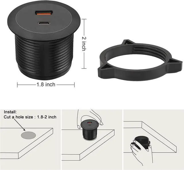 Alt view image 4 of 7 - Desk USB Power Grommet Outlet, USB Charging Station Built-in 1 USB-A and 1 USB-C Ports, USB Hub for Sofa, Couch, Table, Bedside, Workbench, Office, Home, 6.56 FT Power Cord