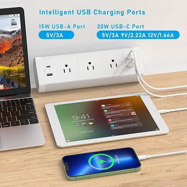 Alt view image 4 of 7 - Desk Power Strip with USB C, Haylink Aluminum Alloy Desk Clamp Power Strip with 3 AC Outlets, Desk Mounted Power Strip Connect 9.84FT Extension Cord