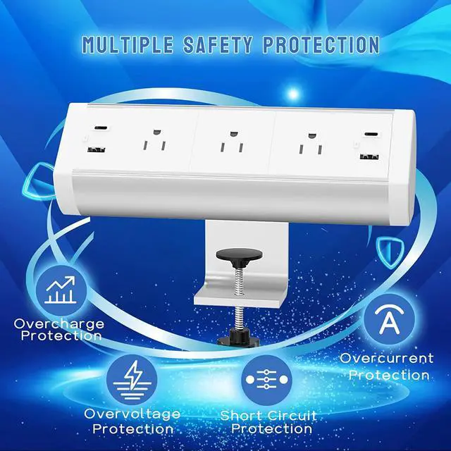Alt view image 7 of 7 - Desk Power Strip with USB C, Haylink Aluminum Alloy Desk Clamp Power Strip with 3 AC Outlets, Desk Mounted Power Strip Connect 9.84FT Extension Cord