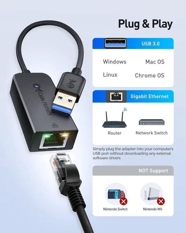 Alt view image 3 of 6 - Cable Matters Plug & Play USB to Ethernet Adapter with PXE, MAC Address Clone Support (USB 3.0 to Gigabit Ethernet, Ethernet to USB, Ethernet Adapter for Laptop) Supporting 10/100/1000Mbps in Black