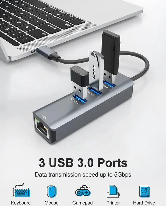 Alt view image 3 of 7 - ABLEWE USB C to Ethernet Adapter, 4-in-1 RJ45 to USB-C/Thunderbolt 3 to Gigabit Ethernet LAN Network Adapter for MacBook Pro/Air 2021/2020/2019, iPad Pro 2021, Chromebook, XPS, Surface Book 3/2/Go