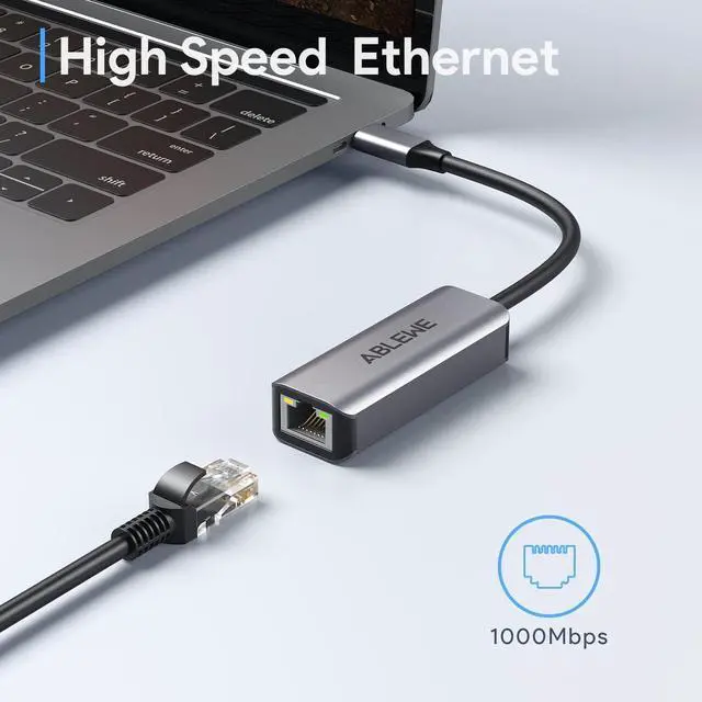 Alt view image 2 of 7 - USB C to Ethernet Adapter, ABLEWE Type-C to RJ45 Gigabit Ethernet Adapter, Thunderbolt 3 to RJ45 LAN Network Adapter Compatible for MacBook Pro 2017 and More, MacBook Air, Dell XPS, iPad Pro (Grey)