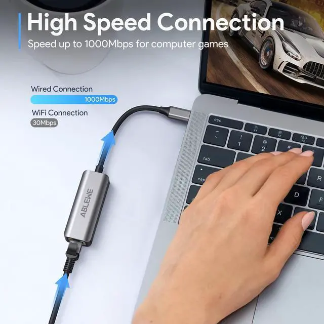 Alt view image 3 of 7 - USB C to Ethernet Adapter, ABLEWE Type-C to RJ45 Gigabit Ethernet Adapter, Thunderbolt 3 to RJ45 LAN Network Adapter Compatible for MacBook Pro 2017 and More, MacBook Air, Dell XPS, iPad Pro (Grey)